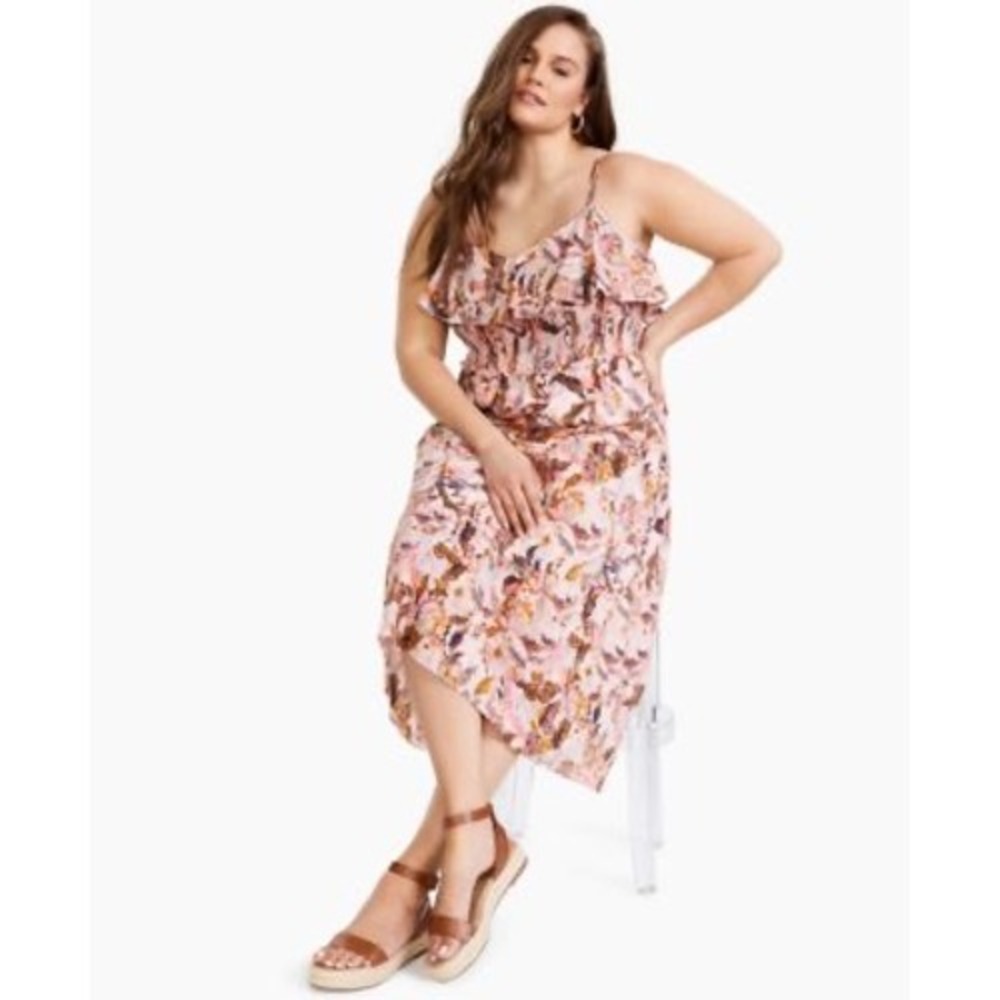 INC International‎ Concepts 2X Maxi Dress Pink Floral Sleeveless Ruffle